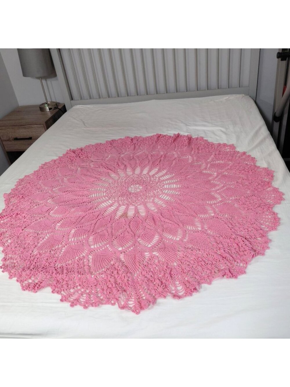 Pink Crocheted Round Tablecloth 51in Floral Vintage Retro Dining Room Decor